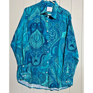 Linen Attire by Ravel’s Miami Womens Paisley Button Up Shirt Blue Turquoise Long